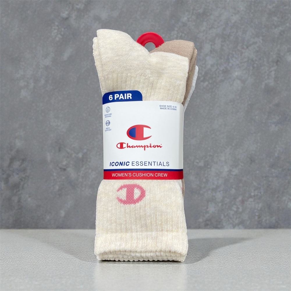 6 Pack Champion Women’s Crew Socks - Cream, Tan, Gray